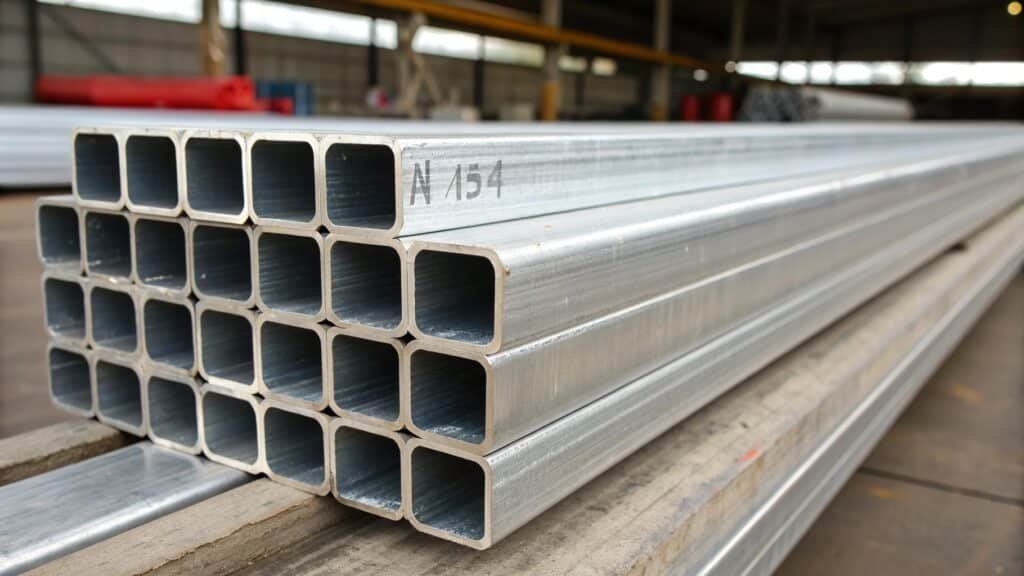 A caliper measuring the wall thickness of a piece of Schedule 40 aluminum pipe.